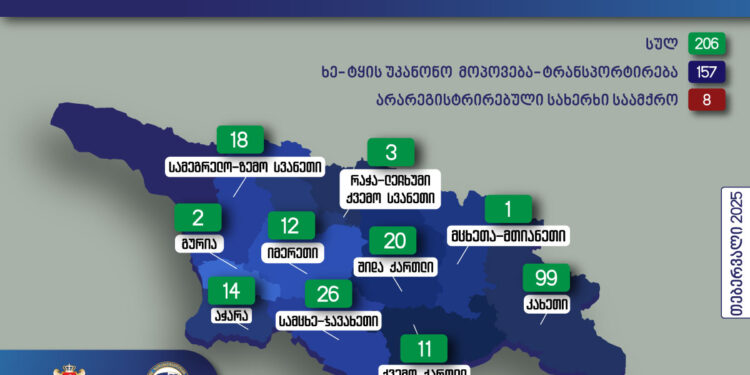 გარემოსდაცვითი ზედამხედველობის დეპარტამენტის თანამშრომლებმა თებერვალში უკანონო ტყითსარგებლობის  206 ფაქტი გამოავლინეს